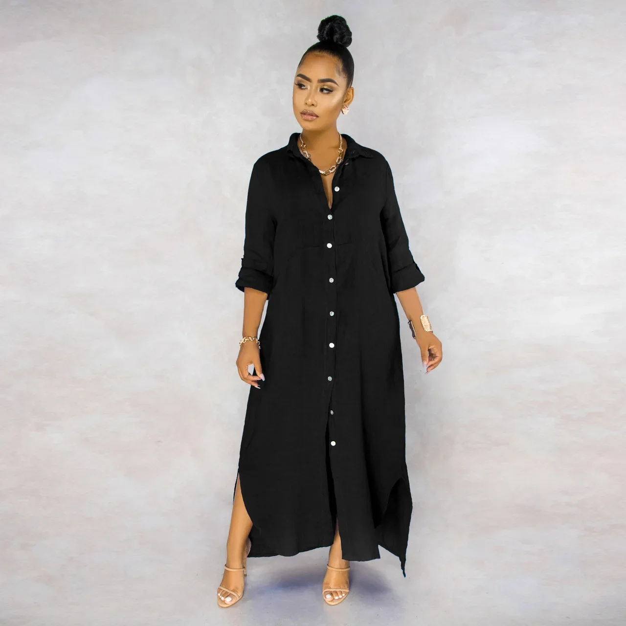 Shirt Dress Women Casual Long Sleeve Side Split Button Dresses Turn Down Collar Elegant Solid Loose Vestidos Spring Summer