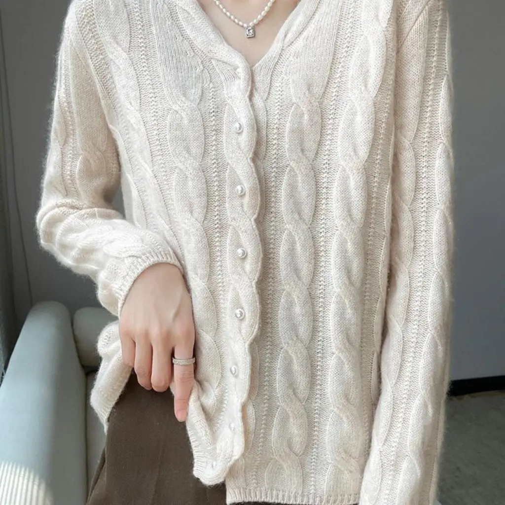 

Women's Pure Wool Knitted Cardigan Vintage Thick Twist Loose Slimming Sweater Autumn Winter New Coat for Fashionable Ladies