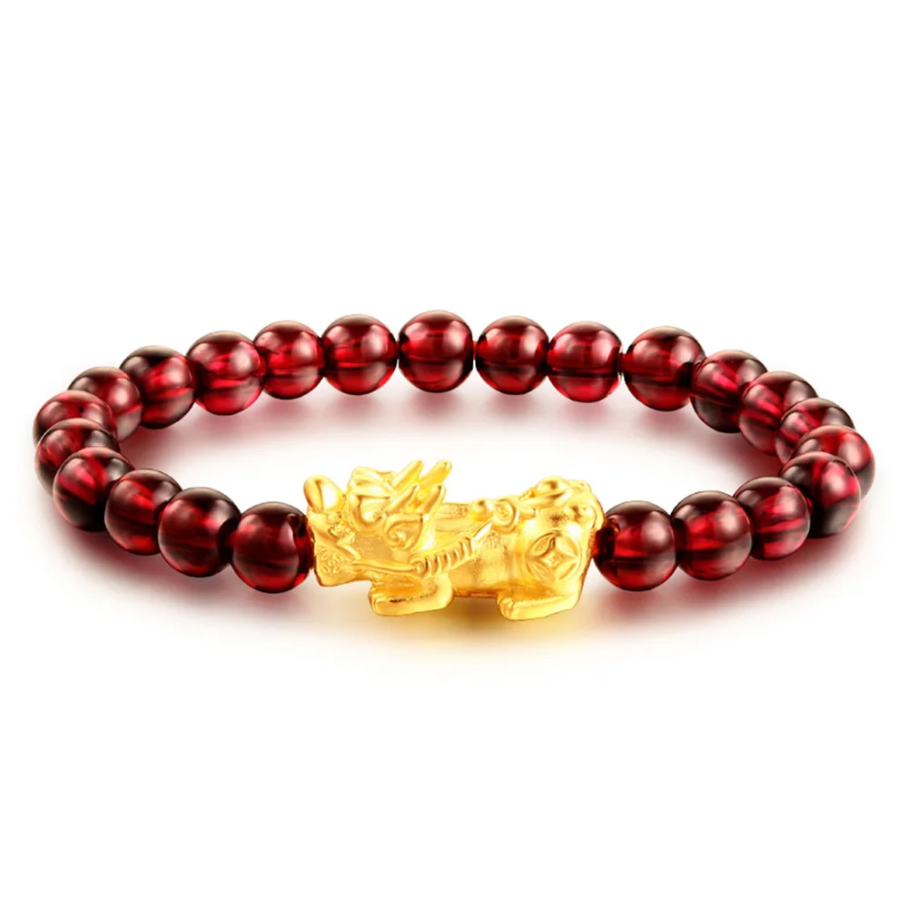 999 24K Yellow Gold Bracelet 3D Pixiu 14*6mm With Red Garnet Beaded Bracelet