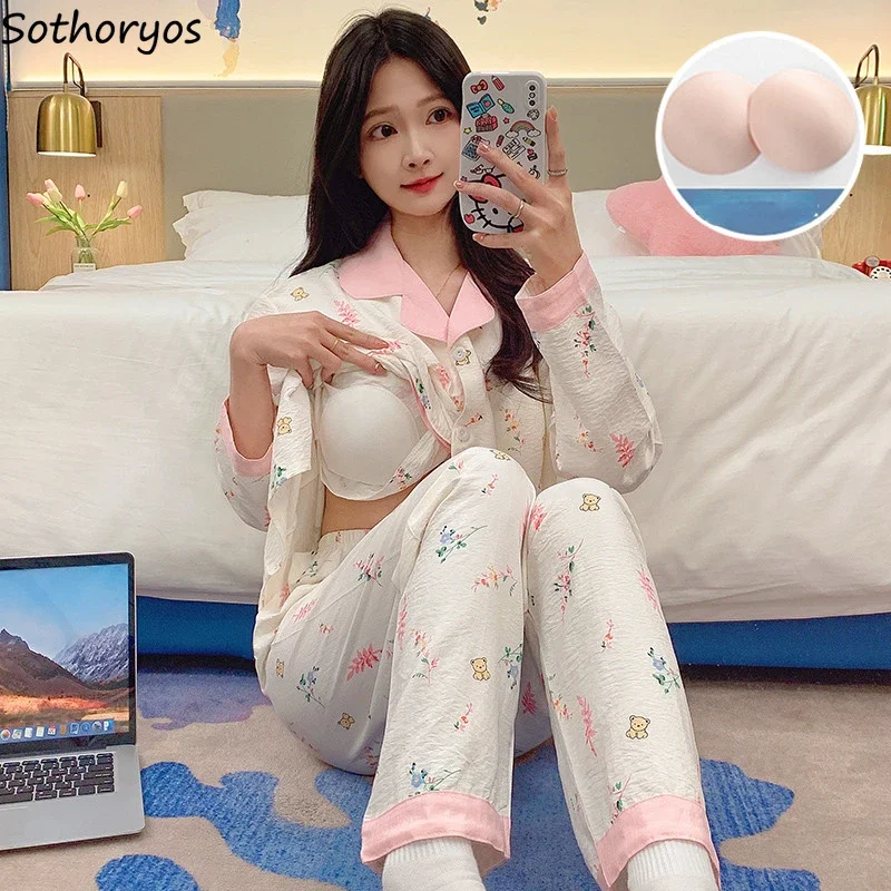 

Baggy Sweet Pajamas for Women Casual Print Tender Soft Padded Sleepwear Home Aesthetic Ulzzang Daily Fashion Mujer Spring Autumn