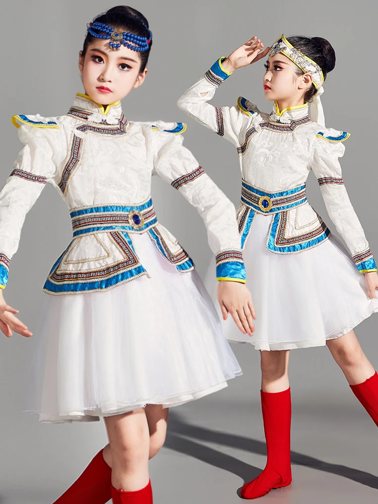 

New Children's Mongolian Dance Performance Costume White Mongolian Eth Girls' Clothing Traditional assland Chop...