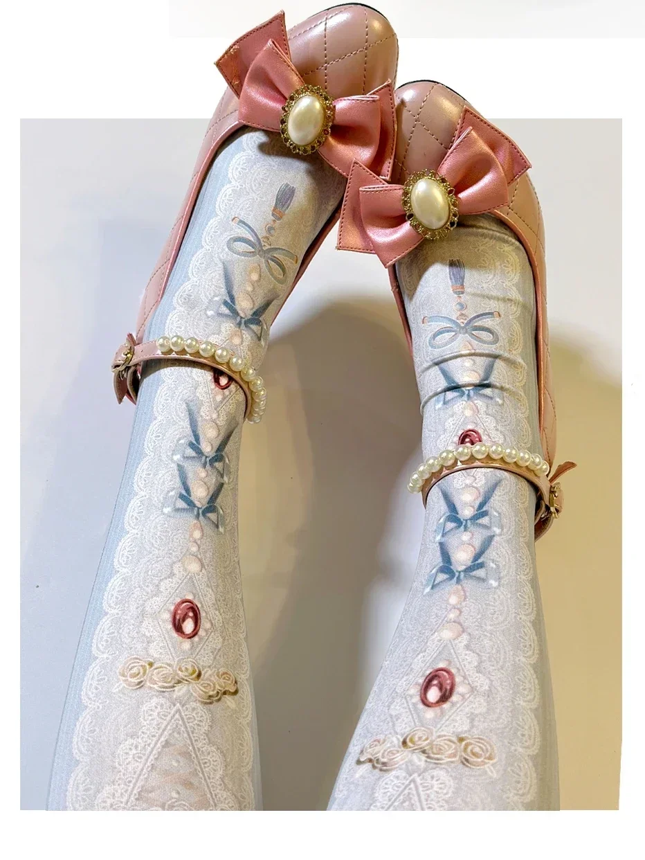 Japanese Lolita multi-color versatile retro court style print pantyhose spring autumn women's sweet wind stocking cosplay tights
