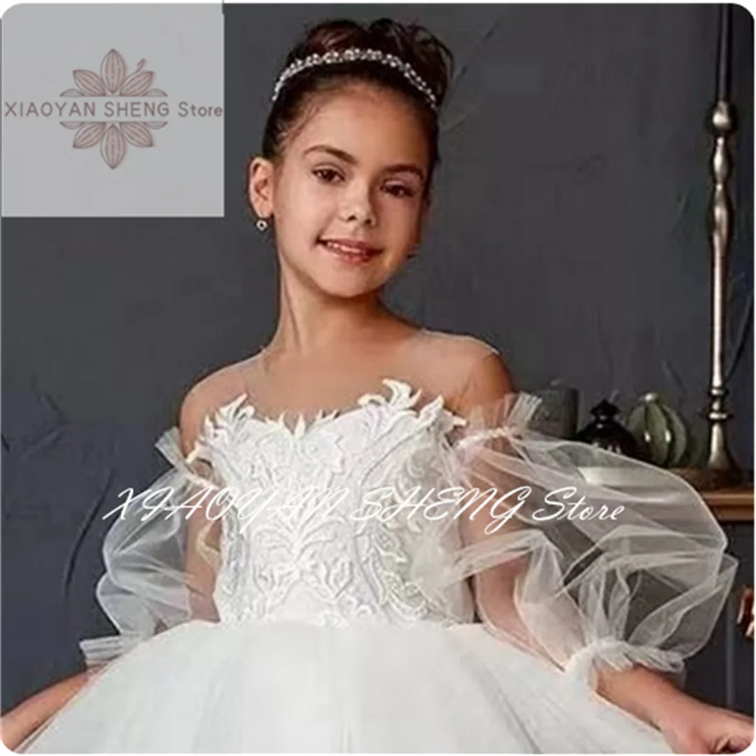 Vestido de niña de flores blanco para boda elegante encaje tul apliques sin mangas cuello redondo hinchado baile de cumpleaños vestido de primera comunión