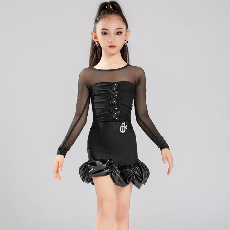 

Детская одежда для латинских танцев для девочек, одежда для выступлений, черное платье, костюм с длинными рукавами, тренировочная одежда, платье для соревнований