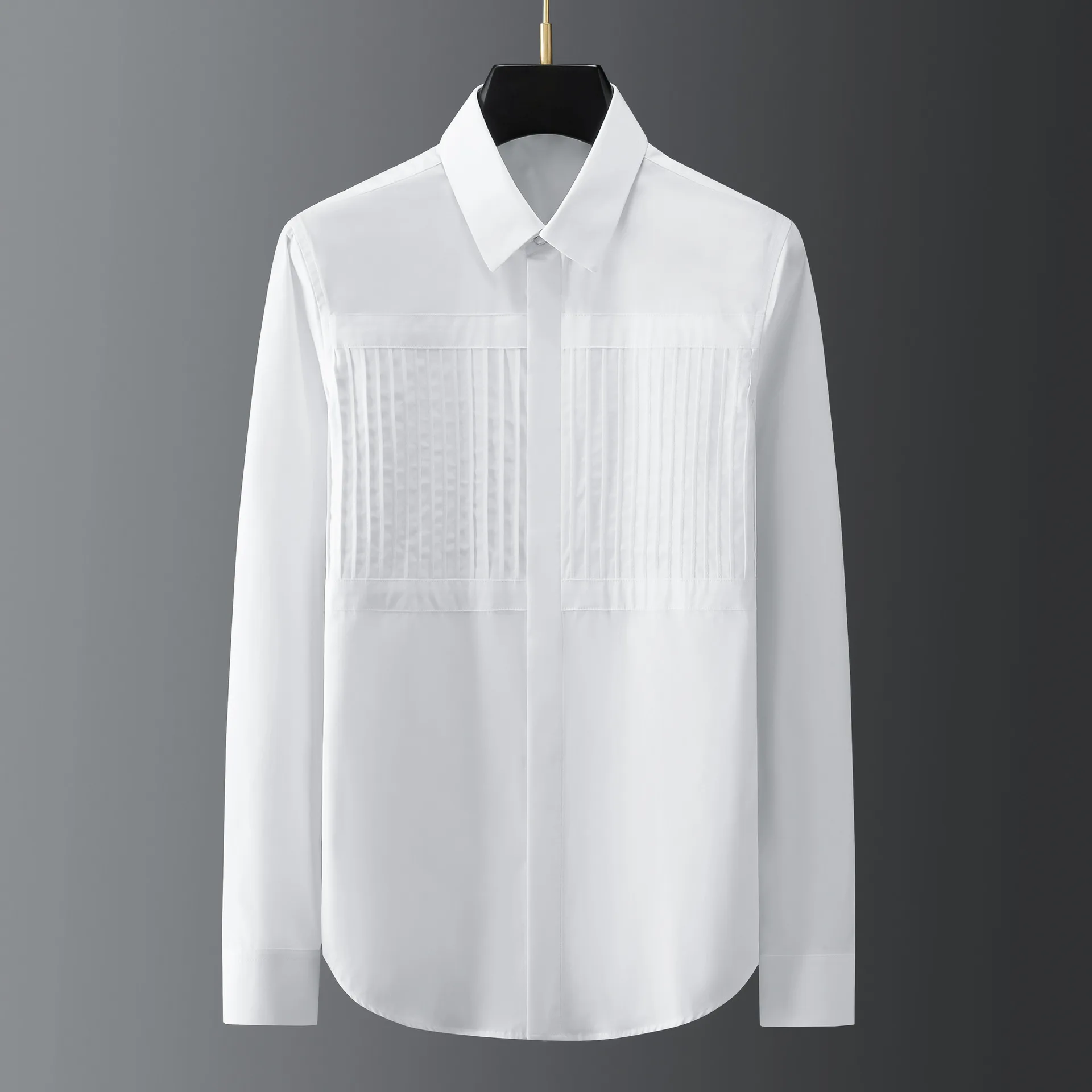 Solid Color Cotton Long Sleeved Shirt Men Personalized Pleated Splicing Casual Shirts Slim Fit Business Social Men Clothing 2025