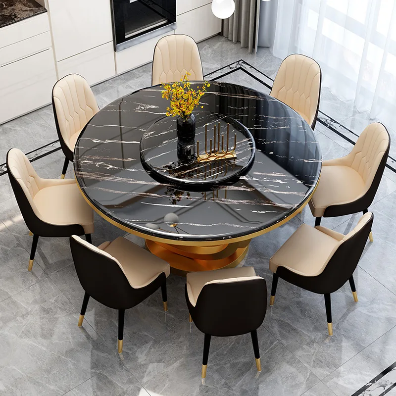 Leichter Luxus, Steinplatte, Esstisch, schlicht, modern, runder Tisch, Marmor, Edelstahlstuhl