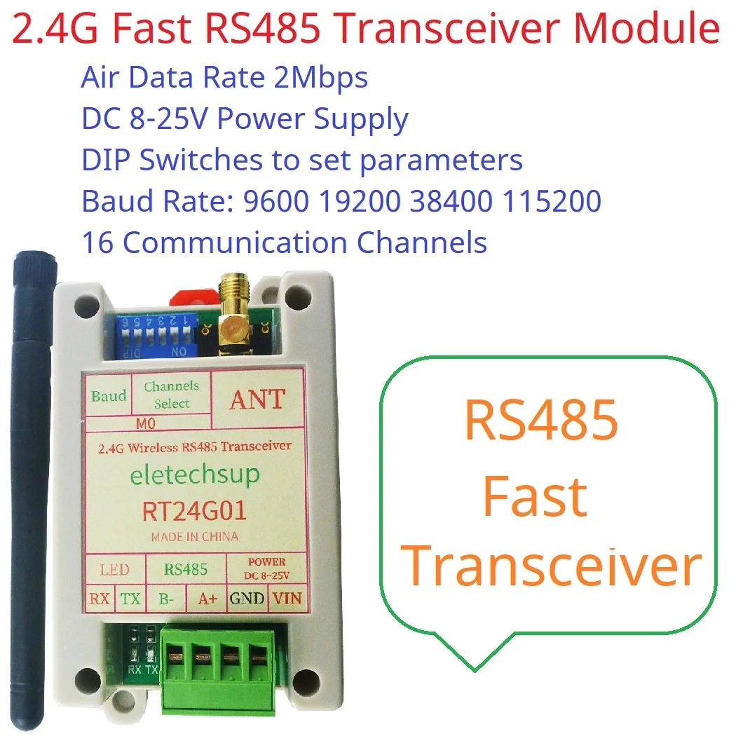 Air Data Rate 2Mbps 2.4G ISM Band Fast RS485 Transceiver Module DC 12V 24V Din Rail DIP Switch 20DBM DTU Modbus RTU High-Speed