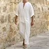 2023 New Men Jubba Thobe Kaftan Muslim Arab Islamic V-neck Short Sleeve Solid Cotton Linen Robes Muslim Fashion Arabia Man abaya