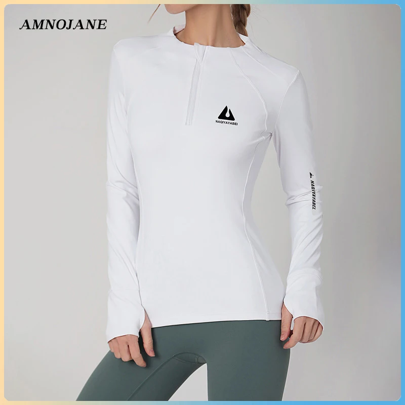 Women\'s Long Sleeve Top For Fitness Slim Fit Zip O-Neck Yoga Shirt With Thumb Holes Quick Dry Tshirt Sport Gym Running Jacket