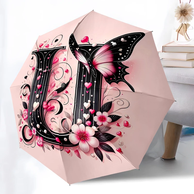 Pink U-Z Letters Theme Folding Umbrella - Fashionable Auto-Open Design 8 Iron Ribs Plastic Handle Foldable Sunshade，Perfect Gift