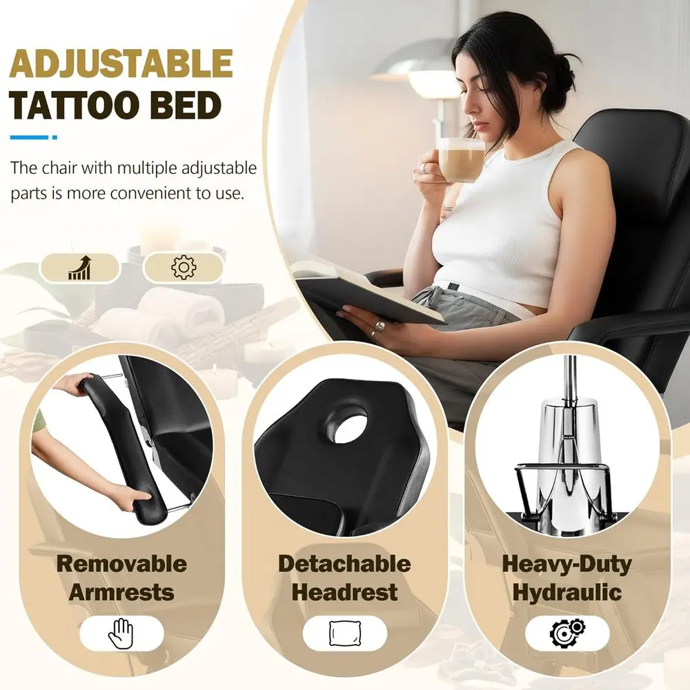 เตียงเสริมสวยไฮดรอลิกปรับระดับได้สำหรับช่างเสริมสวยและต่อขนตา พร้อมเก้าอี้หมุน