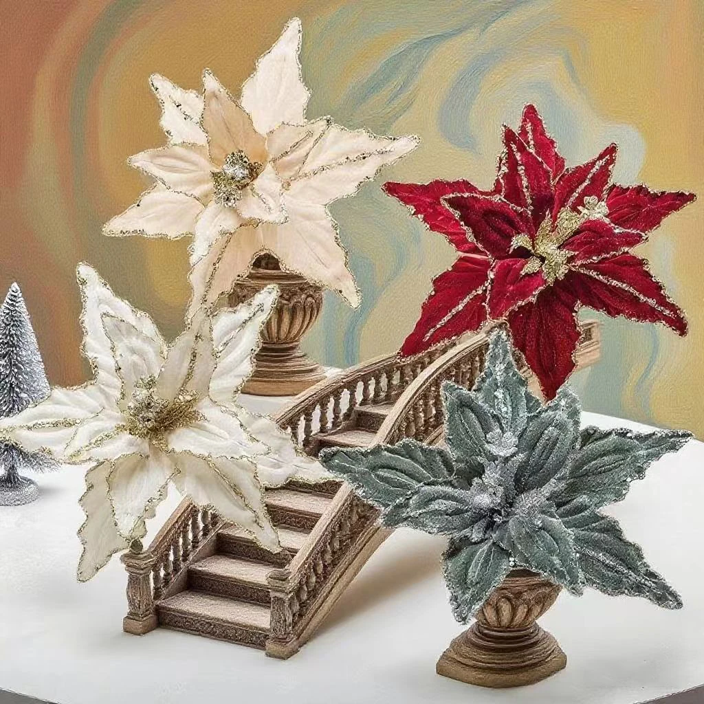 26CM Weihnachtsblume Rot Gold Glitter Fleece Simulation Gefälschte Blume Weihnachtsbaum Anhänger Frohe Weihnachten Blume Hängende Ornamente