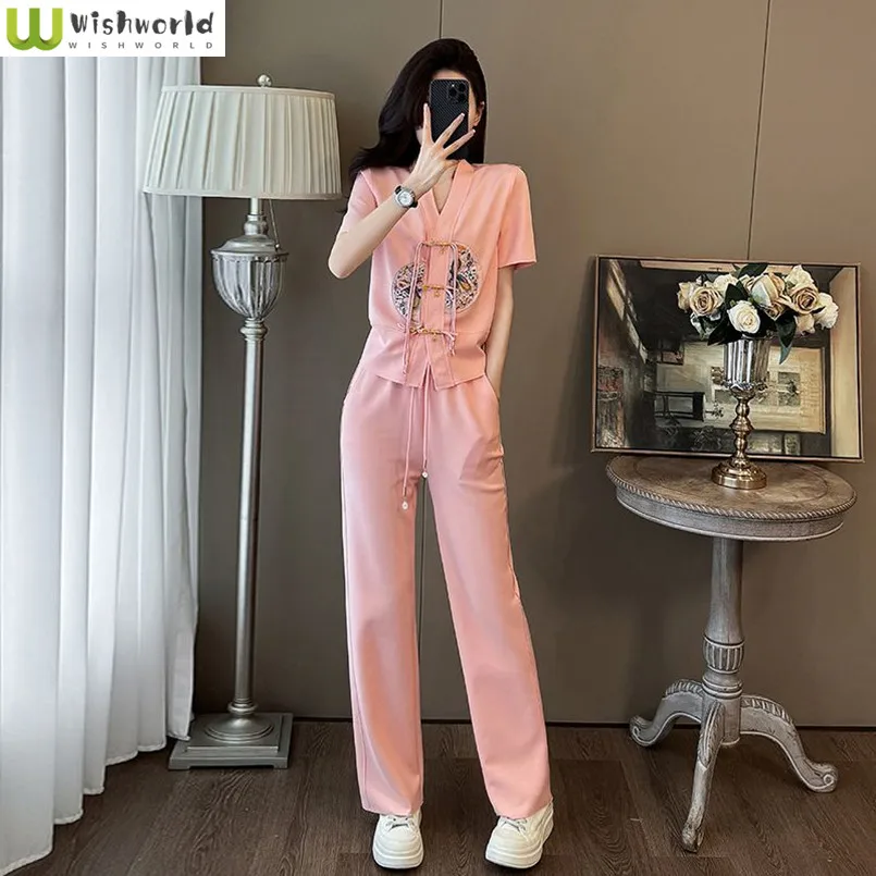 

Fashion Sports Suit for Spring and Summer New Western-style Age Reducing Short Sleeved Top Casual Wide Leg Pants Two-piece Set