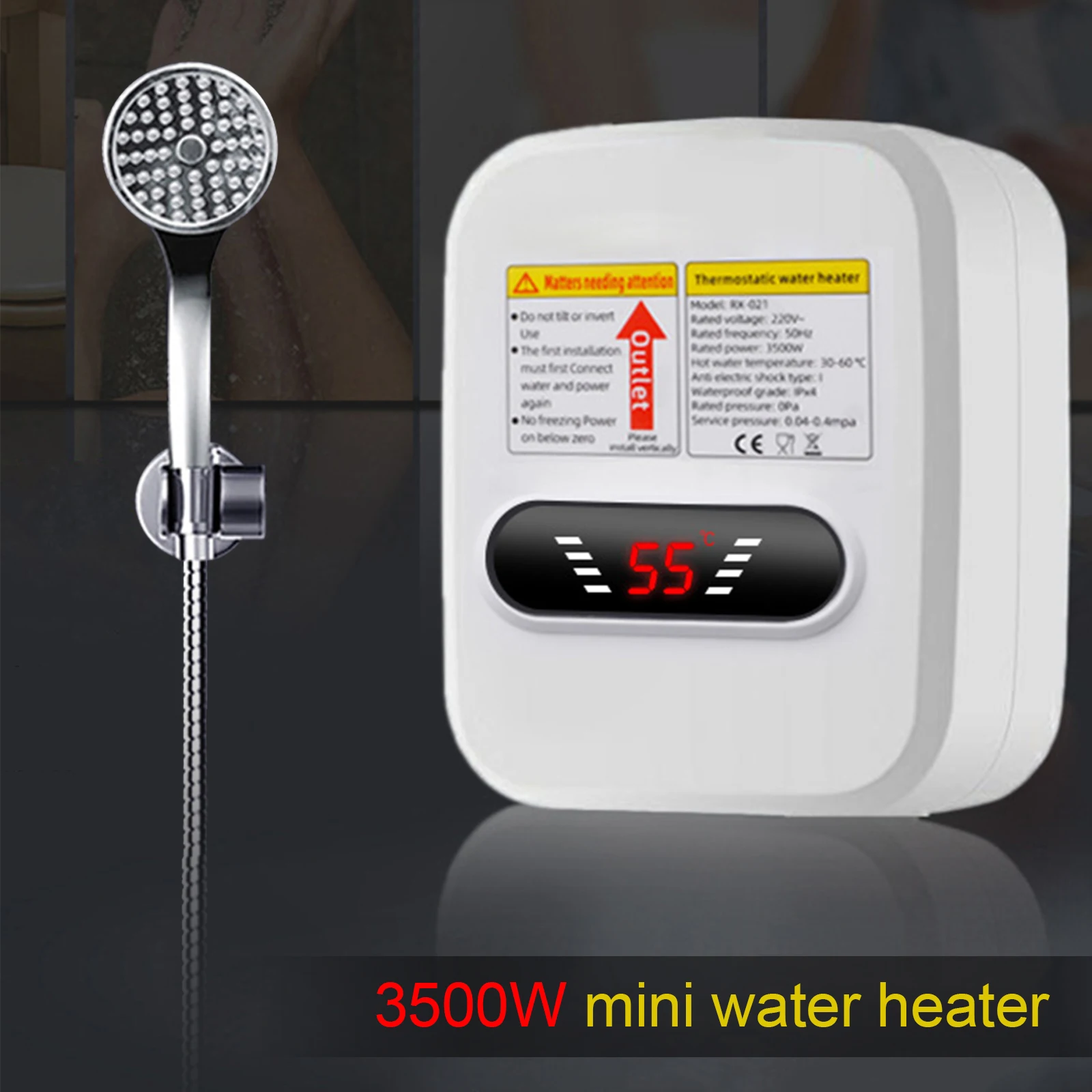 

3500W Electric Instantaneous Tankless Water Heater with Shower head Water Heater for Bathroom Washing Temperature Display