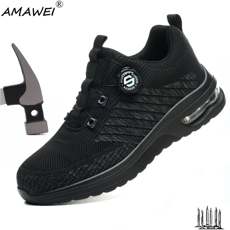 

Rotating Button New Safety Shoes Men Anti-smash Anti-puncture Work Shoes Fashion Men Sport Shoes light Breathable Mesh Shoes