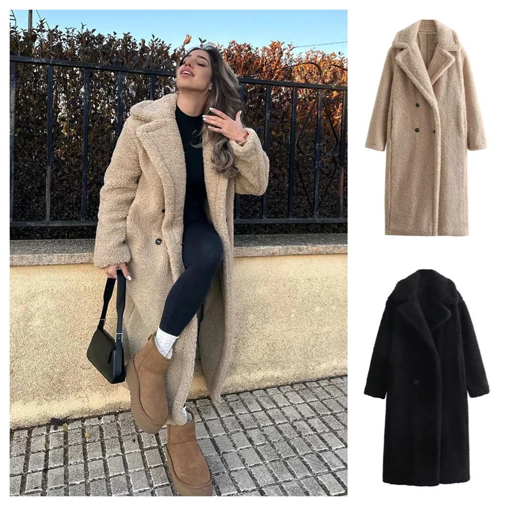 PB&ZA2024 Autumn New Women\'s Fashion Style Warm and Versatile Double Row Buckle Decoration Fleece Coat