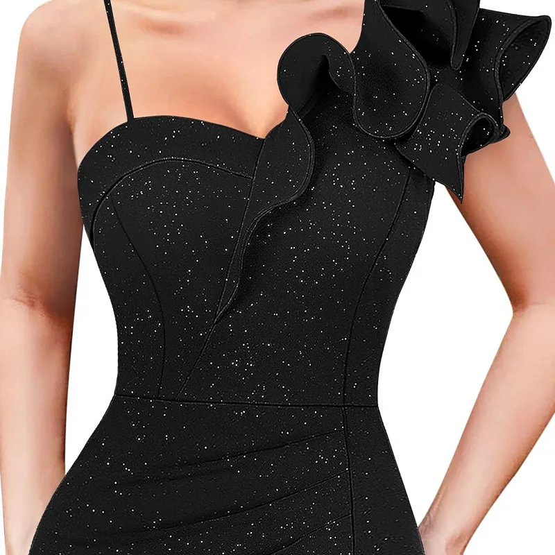 2025 新しい夏のワンショルダー女性パーティードレスエレガントなフリル黒ボディコン蓮の葉エッジストラップステージ宴会女性のドレス