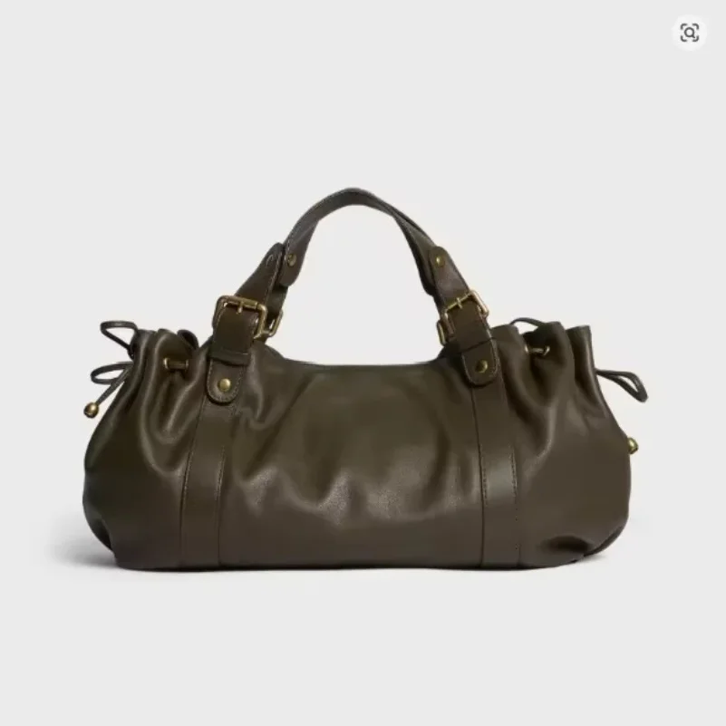 Vintage  Large Ruched Drawstring Soft Leather Tote Bag Women's Crossbody Simple Handbag Commuter Shoulder Boston Bag Work Bag