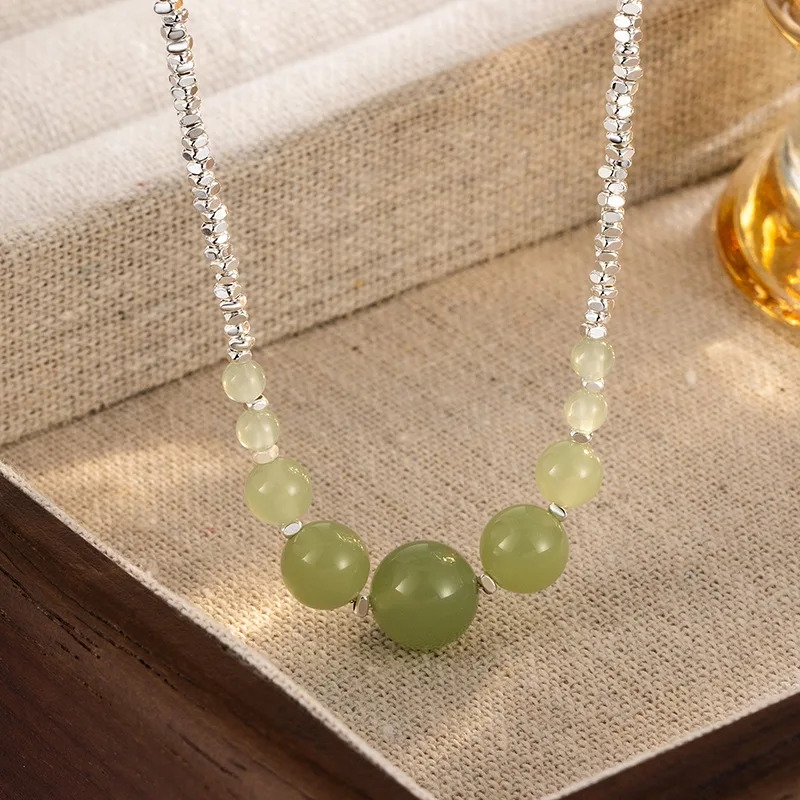 New Chinese Gradual Change Hetian Jade Necklace Retro National Style Literature Versatile Collar Chain 925 Silver Necklaces