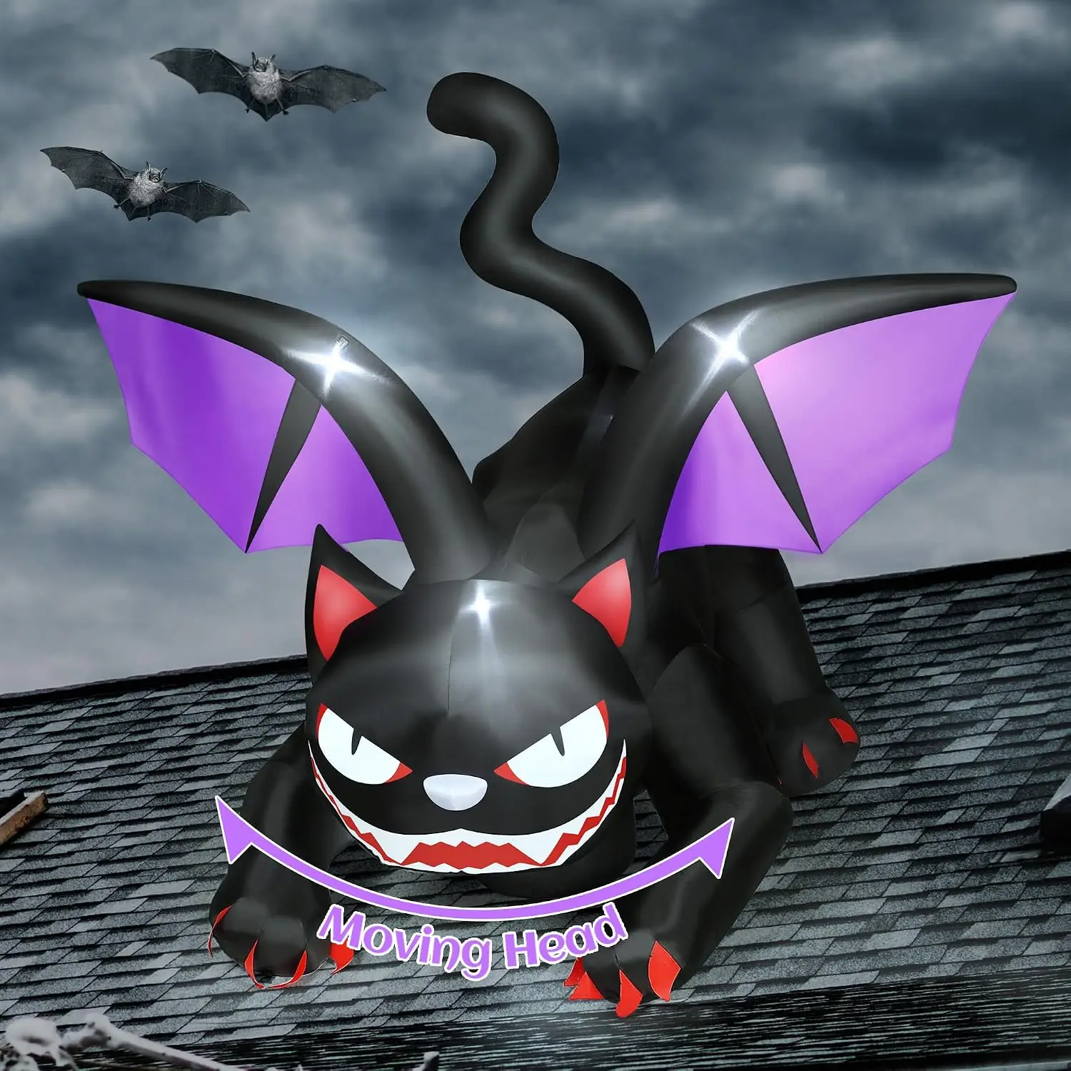 Blow Up Cat Inflatable Halloween Decorations, Extra Giant 6 Feet Animated Vampire Black with LED Lights Built in, Scary Decor