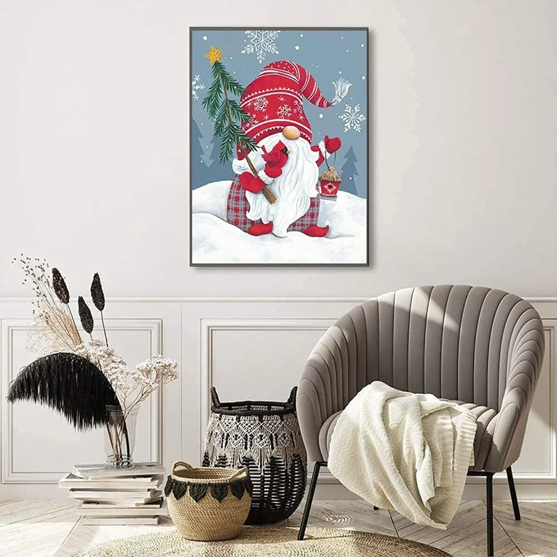 5D Diamond Painting For Adults, DIY Full Drill Christmas Snowman Gnomes Round Diamond Art Painting Crafts 30 X 40Cm