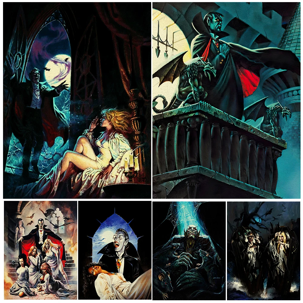 Count Dracula And The Bat In The Dark Vintage Wall Art Canvas Painting The Vampire Couple In The Coffin Art Poster Print Decor