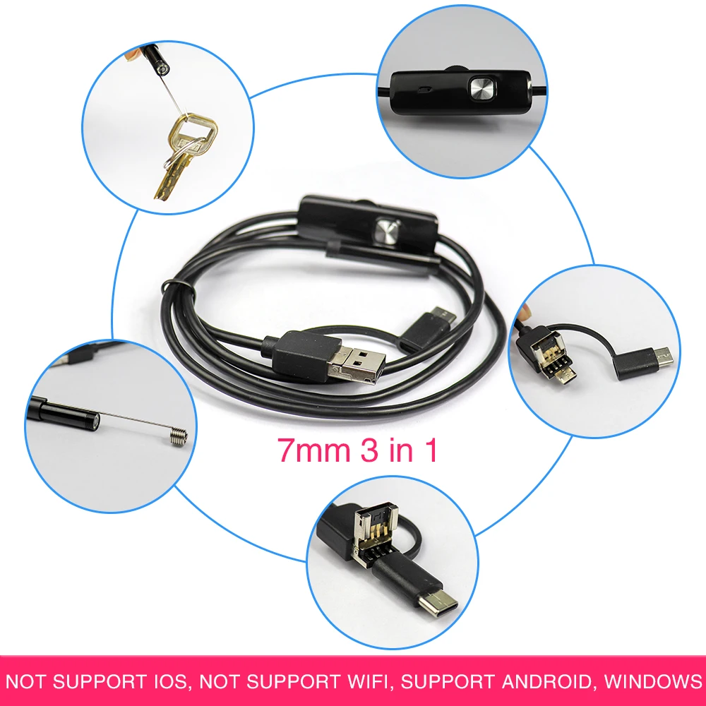 Câmera endoscópio USB HD, Wi-Fi impermeável, Wire Snake Tube, Inspeção Borescope para OTG, Compatível com Android, iPhone