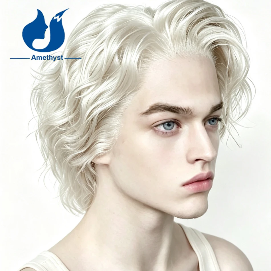 Amethyst Wave White Blonde Short Bob Wig Human Hair for Men Full Transparent Lace Remy Hair Side Part 60# Platinum Blonde