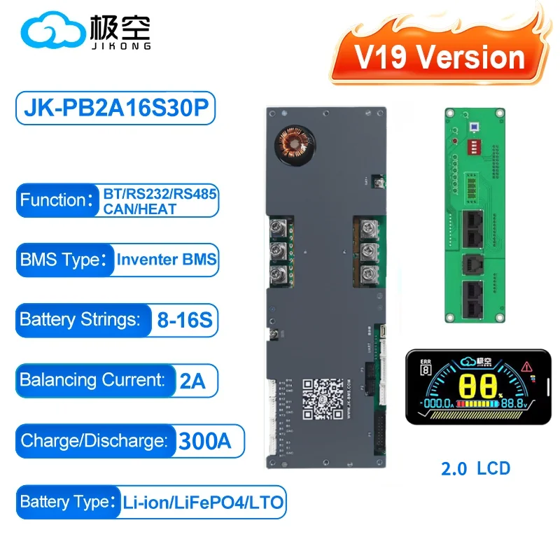 JK BMS V19 Bms 16s 51.2v Lifepo4 100A 200A 300A JK Home Energieopslag BMS Actieve balans 1-2A LiFePo4 Batterij V19 Versie