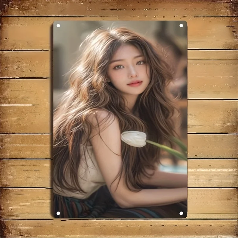 Brand Korean Drama Inspired Metal Wall Art for Women - Wavy Hair & Houndstooth Design, Home Cafe Bar Decor, Christmas Gift