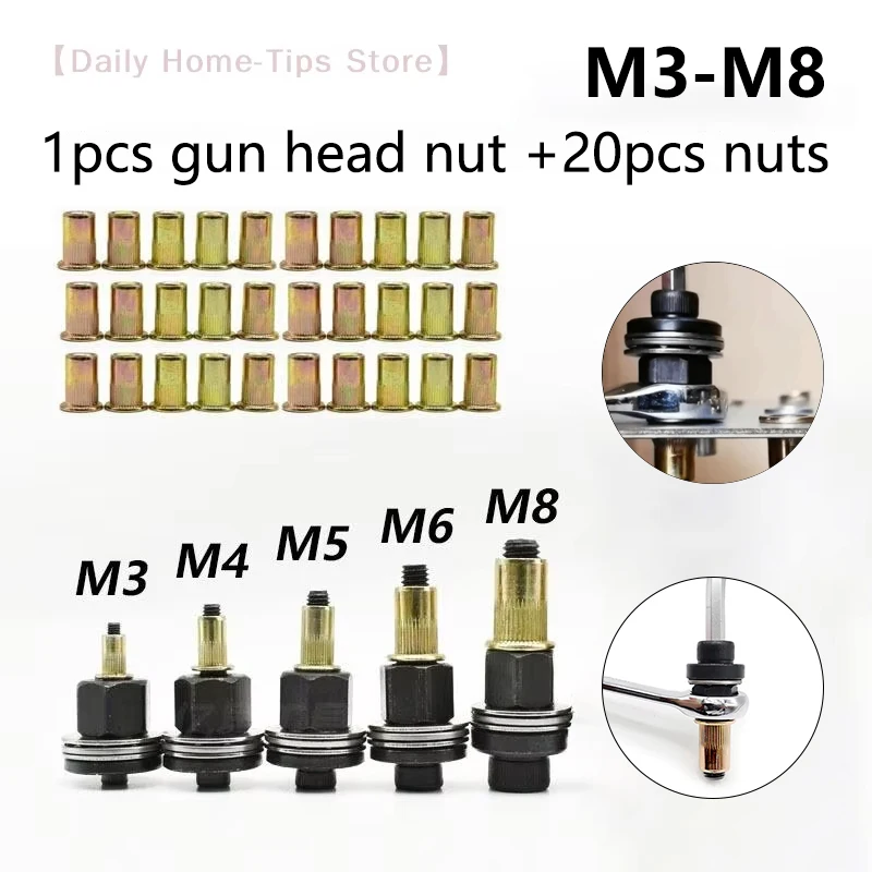 21pcs Hand Rivet Nut Head Set Rivet nut tool Manual Riveter Rivnut Tool Accessory for Nuts M3 M4 M5 M6 M8 Simple install