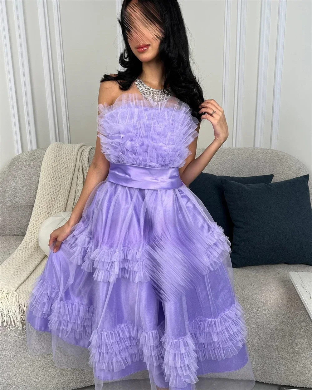 Vestido de noite personalizado, vestido de baile, halter, bola, comprimento de chá, fita, tule, babados, vestidos de ocasião sob medida, arábia saudita, formal