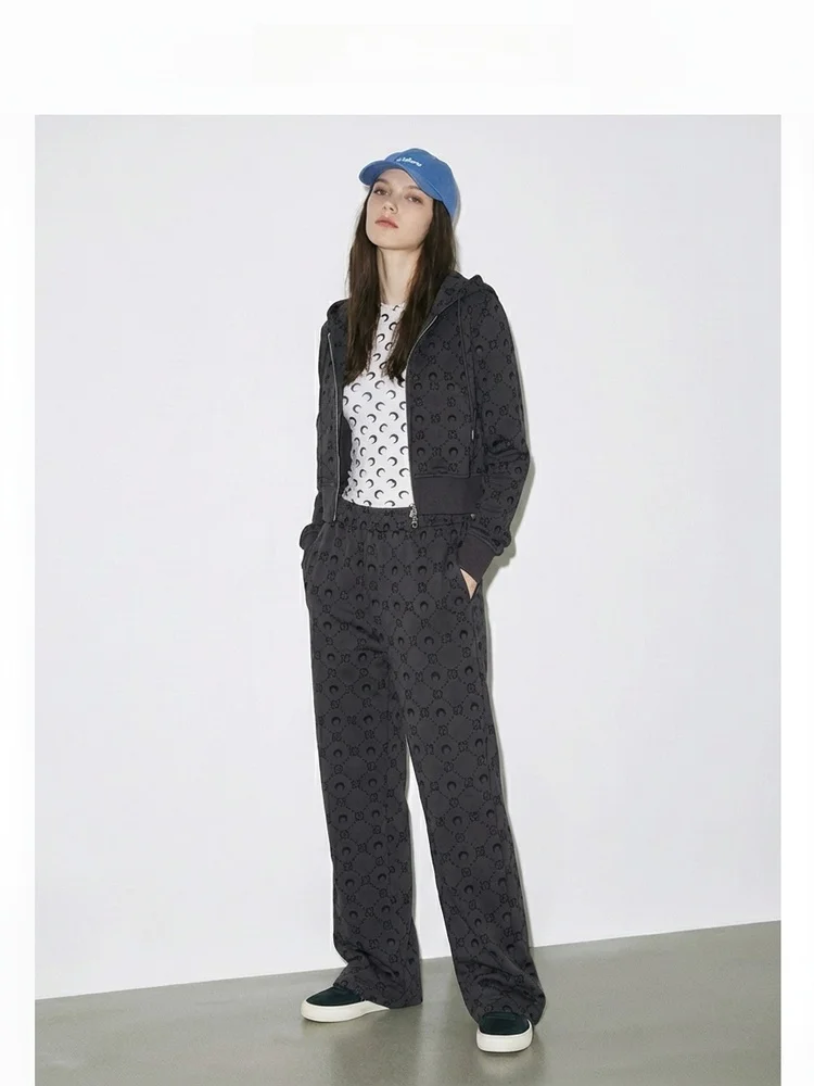 

Retro Spor Moon Print Hoodie Pants Set Women's ort Sle Slimming Faion Outerwear Long Sve Cotton Thiened Hooded