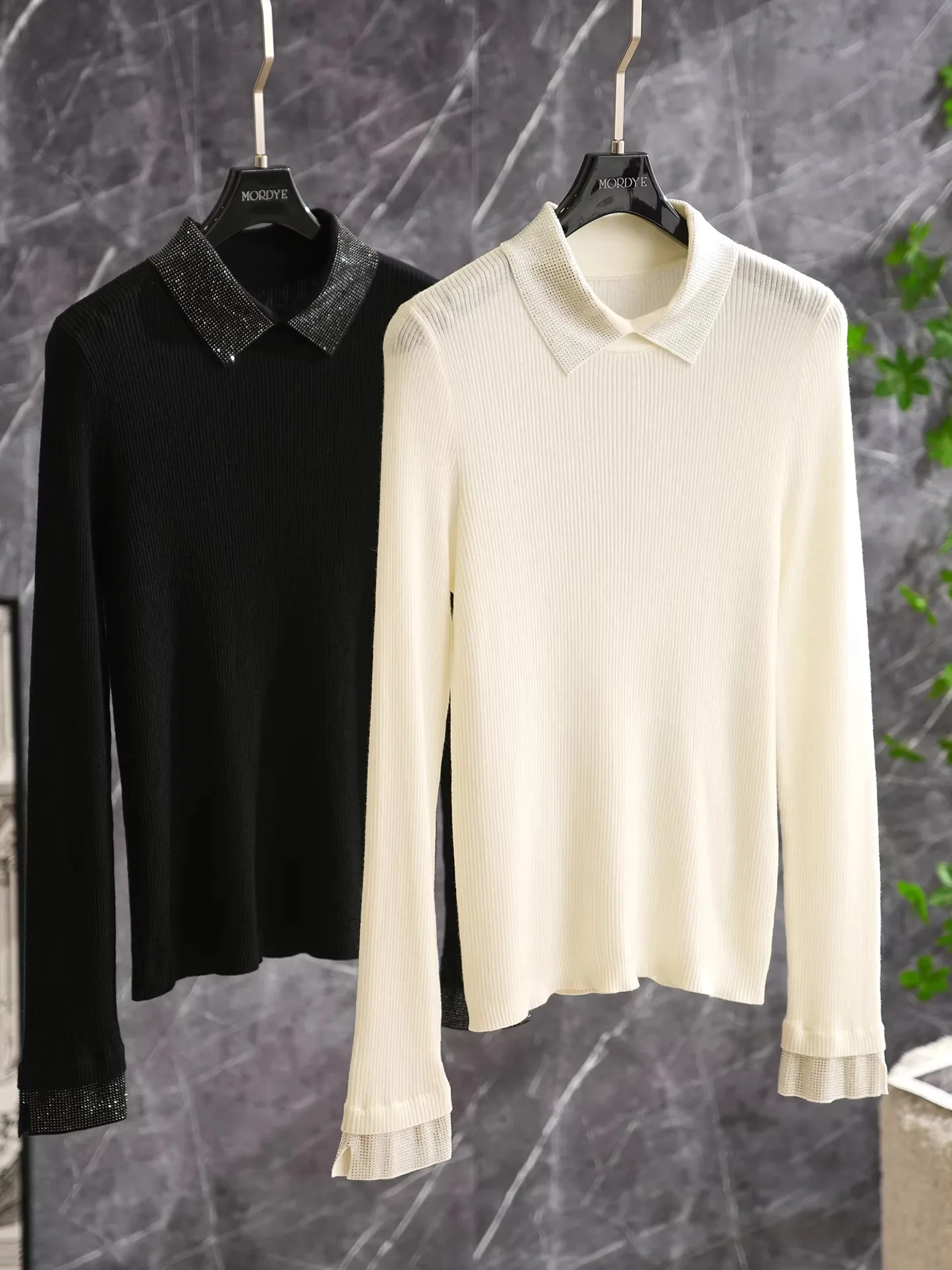 Elegant Women's Knitted Sweater Wool Collar Beaded Diamond Bell Sleeve Slim Fit Base Layer Knitwear Fashionable Commute Style view 4