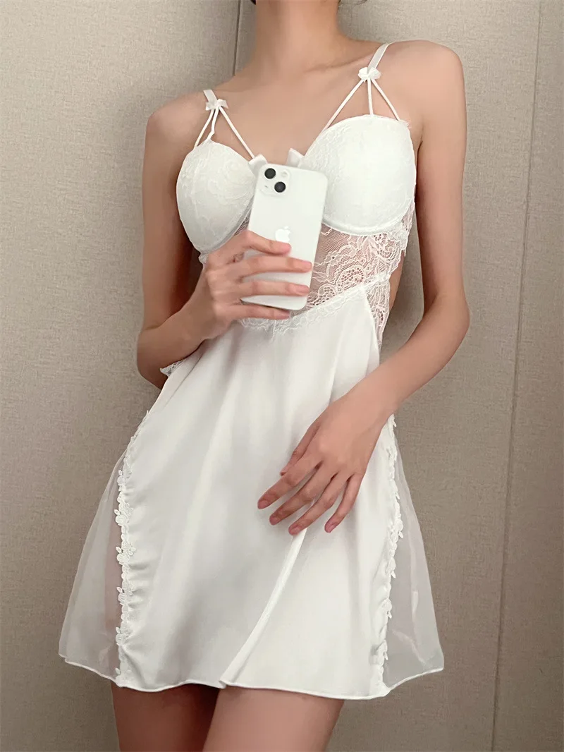 Sexy Female Nightgown Patchwork Lace Suspender Nightdress Intimate Lingerie Chemise Sleepwear New Summer Satin Mini Home Dress