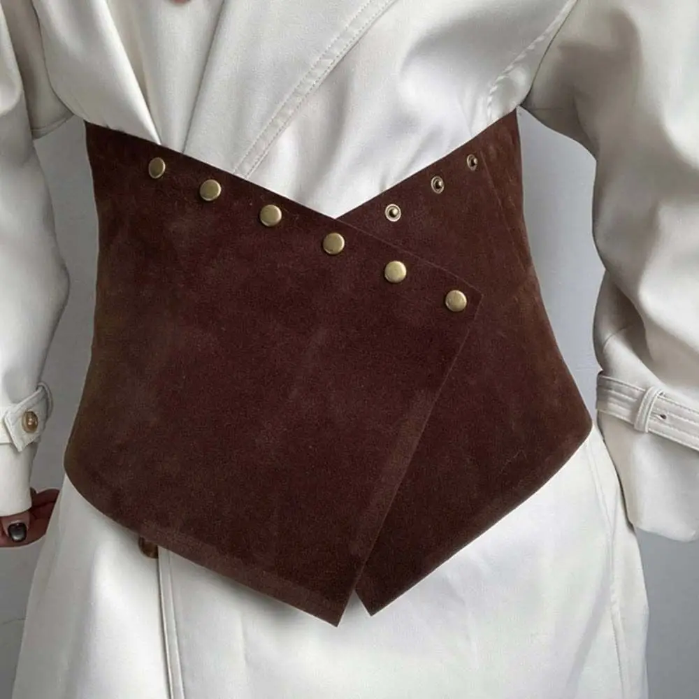 Aesthetic Irregular Faux Suede Waistband Rivet Decor Brown Ultra-wide Corset Belt Texture Maillard Style Waist Belt Daily Wear