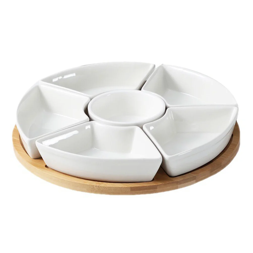 

Ceramic Divided Serving Platter Tray Large Capacity Fruit Snack Bowl Dinner Plate Bamboo Kitchen Party Home