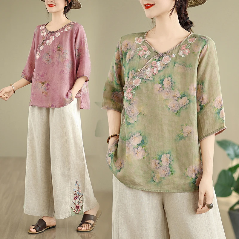 

Casual Cotton Linen Print Two-Piece Set Spring Summer New Arrival Women's plus Size Fashion Top And Bottom Ensemble