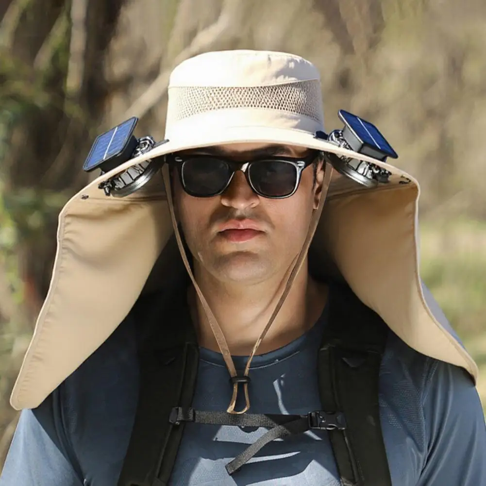Fisherman Hat With Dual Powered Solar Fan UPF50+ Fabric Hands-Free Cooling Hat Chargable With Rechargeable Clip Fishermen Hat