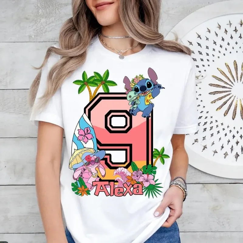 

Персонализированная футболка Lilo & Stitch Movie с цветочным принтом, рубашка на день рождения Disney Stitch Angel, рубашка для именинницы