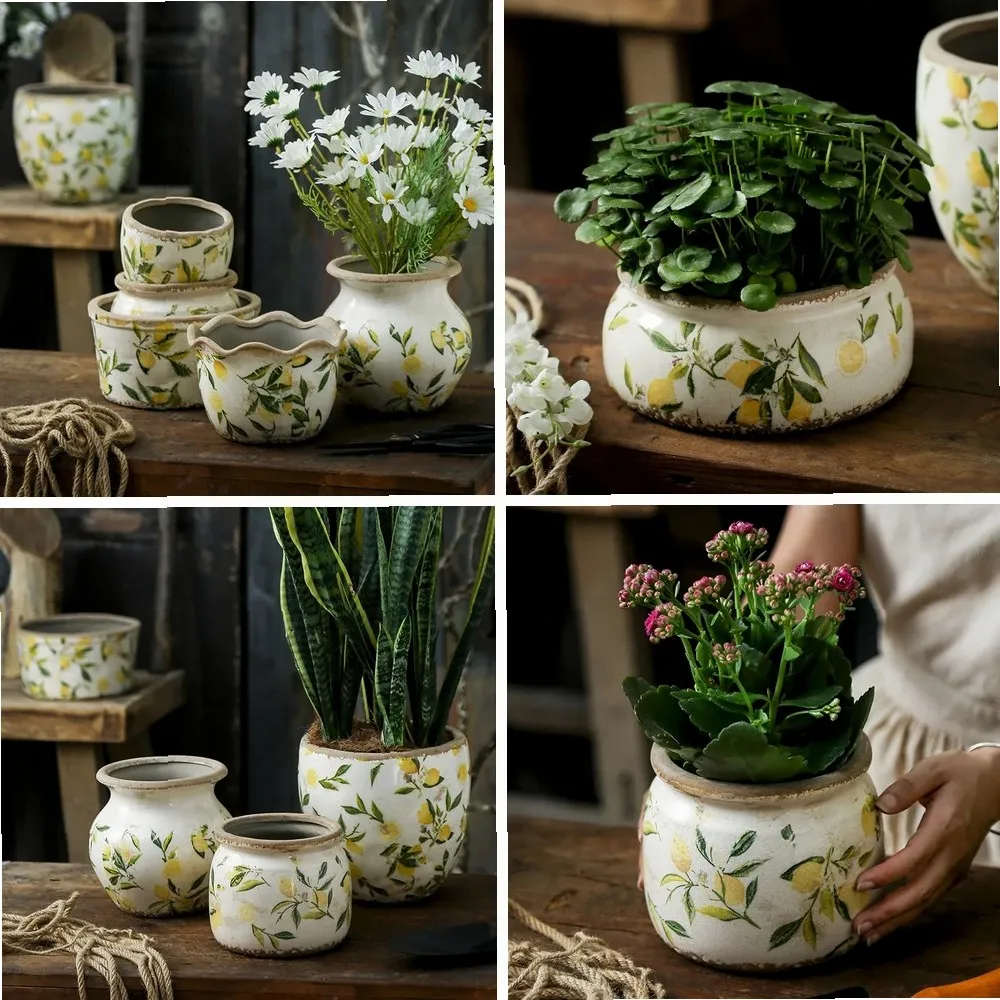 

Lemon Flower Vase Retro Vintage Ceramic Creativity Nordic French Gardening Green Plants Table Decorations Hydroponics