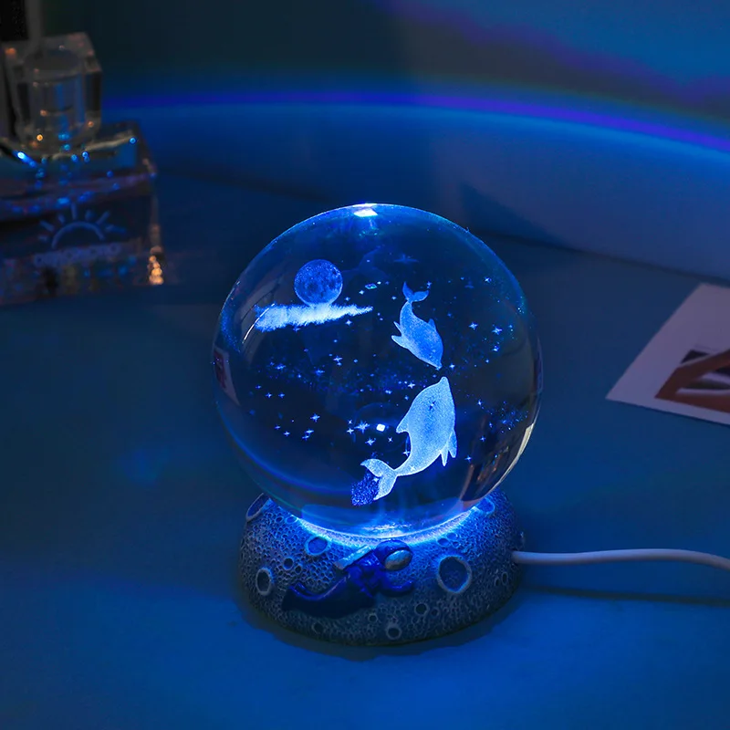 New crystal Ball Night Light Ornament  Luminous Resin Base  Glass Handicraft Ornament 3D Engraved Birthday Gift Home Decoration