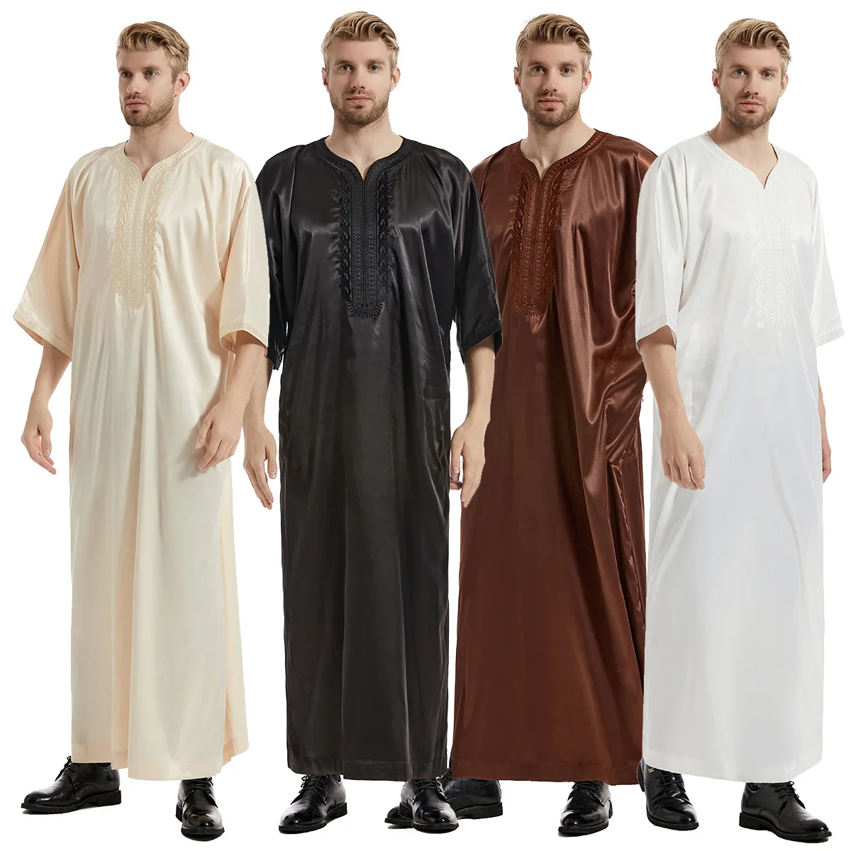 New Style Satin Mid-sleeve Embroidered Muslim Robes for Middle Eastern Turkish Men, Dubai UAE, Saudi Arabian Ethnic Muslim Robes