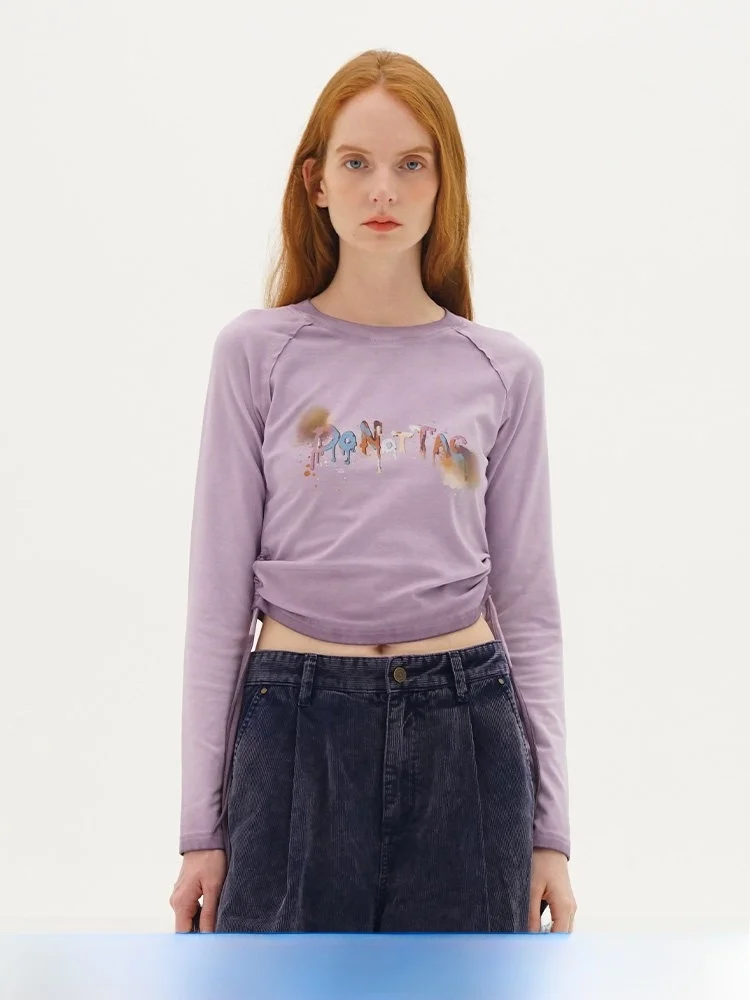 

Американская ретро футболка adient Long Sve, женская повседневная футболка с завязками на талии, винтажный хлопковый топ на осенний сезон