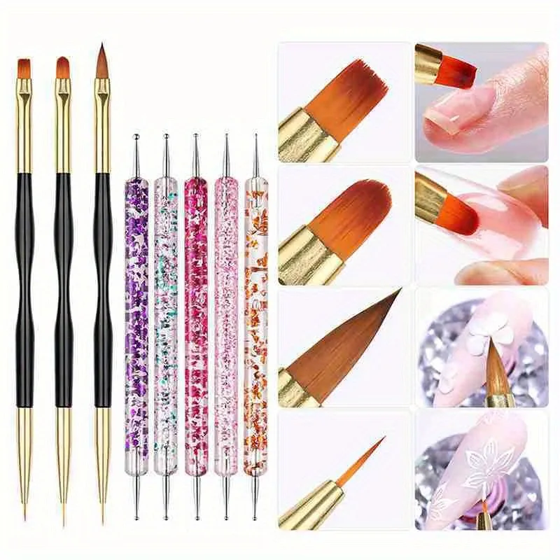 3/8-piece set of manicure double-ended paint brush, pull-line pen, multi-functional two-in-one edge drawing pen, gradientving