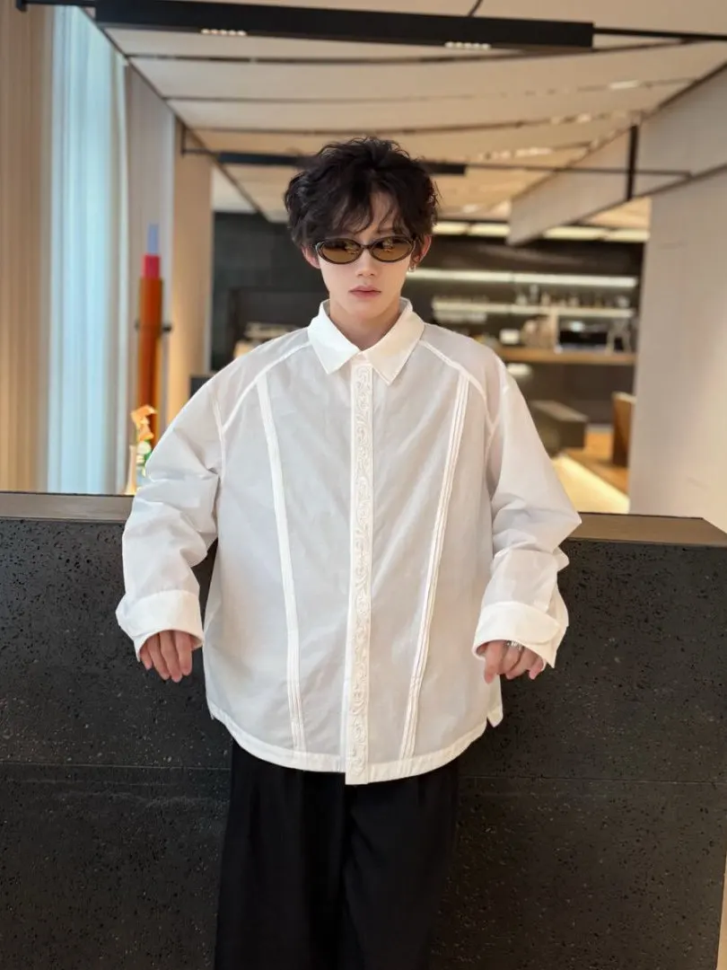 Eternal Flower Embroidered Long Sve Men's irt Lightweight Spring Outerwear Patchwork Design CleanFit Casual Faion
