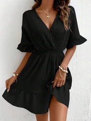 Fashion Casual Women's Retro Ruffled Cross V-neck Solid Color Striped Fabric Waist A-shape Dress