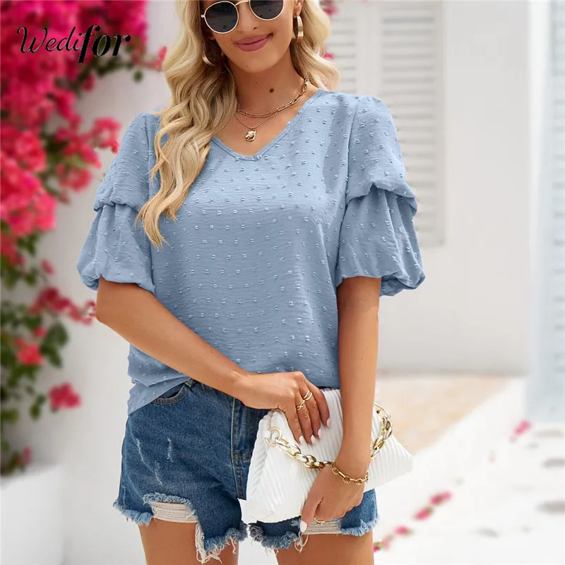 

Wedifor Half Lantern Sleeve Casual Women Shirts 2023 Fashion V Neck Folds Solid Elegant Tops Black Summer Office Ladies Blouse