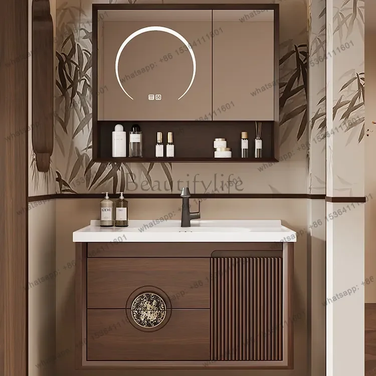 

New Chinese rubber wood bathroom cabinet combination floor-to-ceiling ceramic basin toilet washstand cabinet