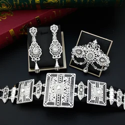 Neovisson Unique Morocco Jewelry Sets Silver Color Belt Flower Crystal Brooch Long Drop Earring Ladies Favorite Jewelry Gift